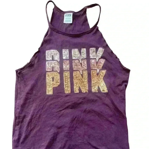 Victoria's Secret Pink Sequin Ombre Logo Spellout Tank Top Burgundy Size XS - Picture 1 of 8